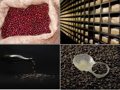 上左／熟練の職人のみが収穫期のピークに３日間ほどで摘み取る完熟豆　上右／世界初のコーヒーセラー　下左／グラン クリュ カフェの豆　下右／手作りのグラン クリュ カフェ専用コーヒーメジャー