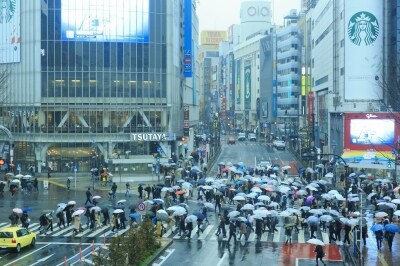 渋谷スクランブル交差点、雨の風景